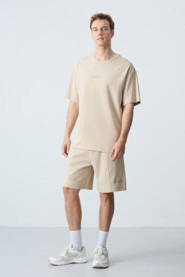Bej Pamuklu Kalın Yumuşak Dokulu Oversize Fit Basic Erkek Şort Takım - 85259 