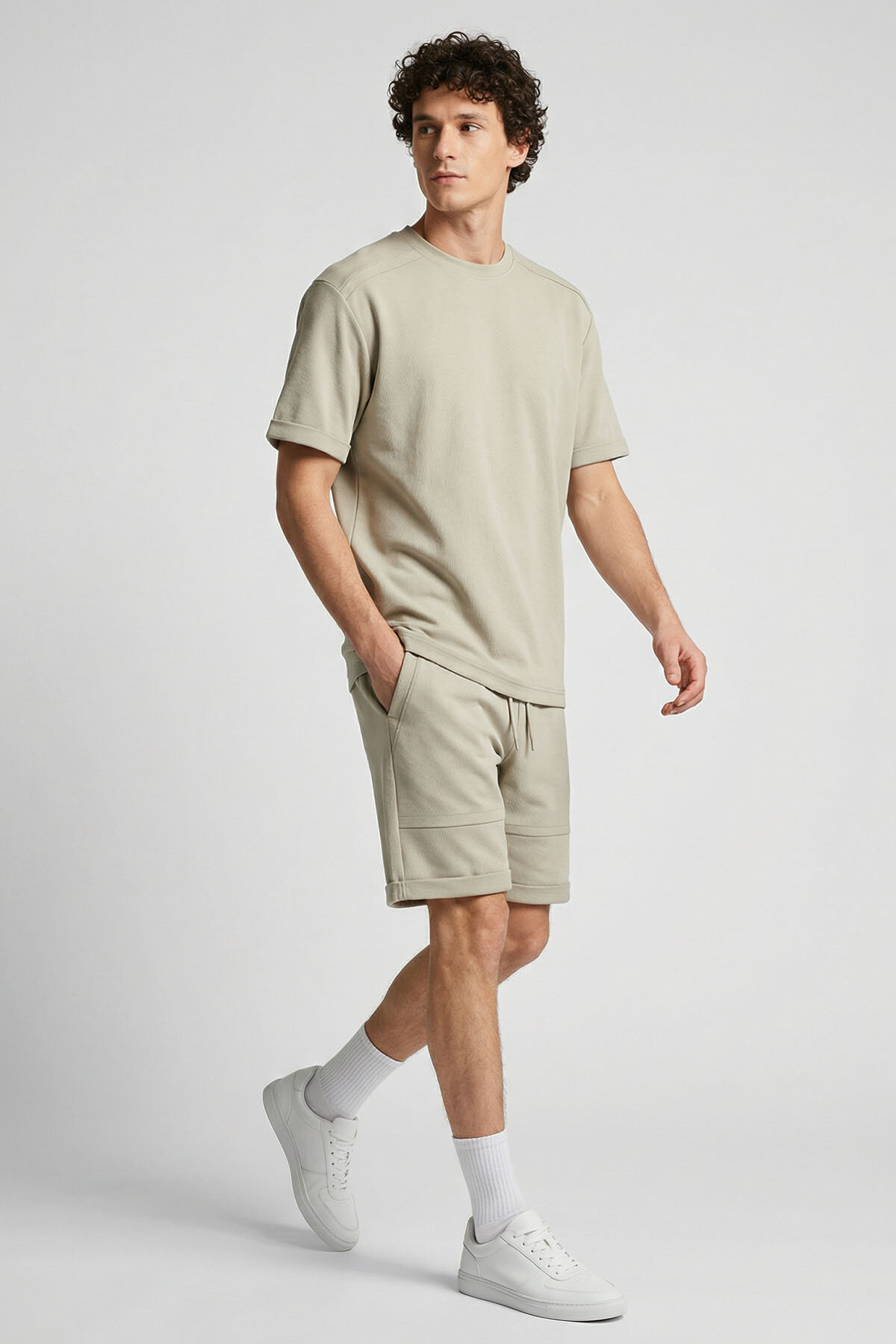 Bej Oversize Fit Yumuşak Dokulu Basic Erkek Şort Takım - 85274 - TOMMYLIFE