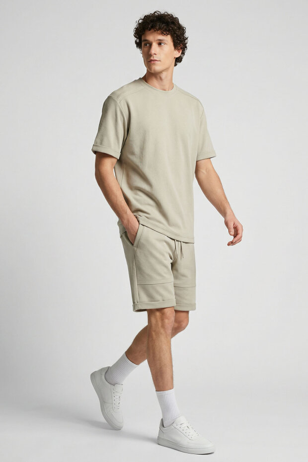 Bej Oversize Fit Yumuşak Dokulu Basic Erkek Şort Takım - 85274 - 1