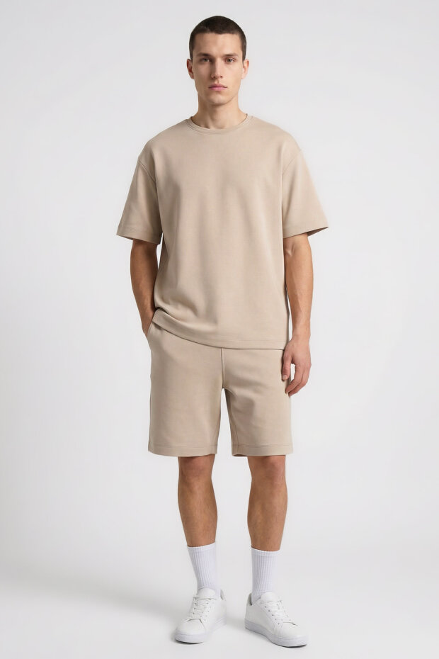 Bej Oversize Fit Basic Erkek Şort Takım - 85292 - 1