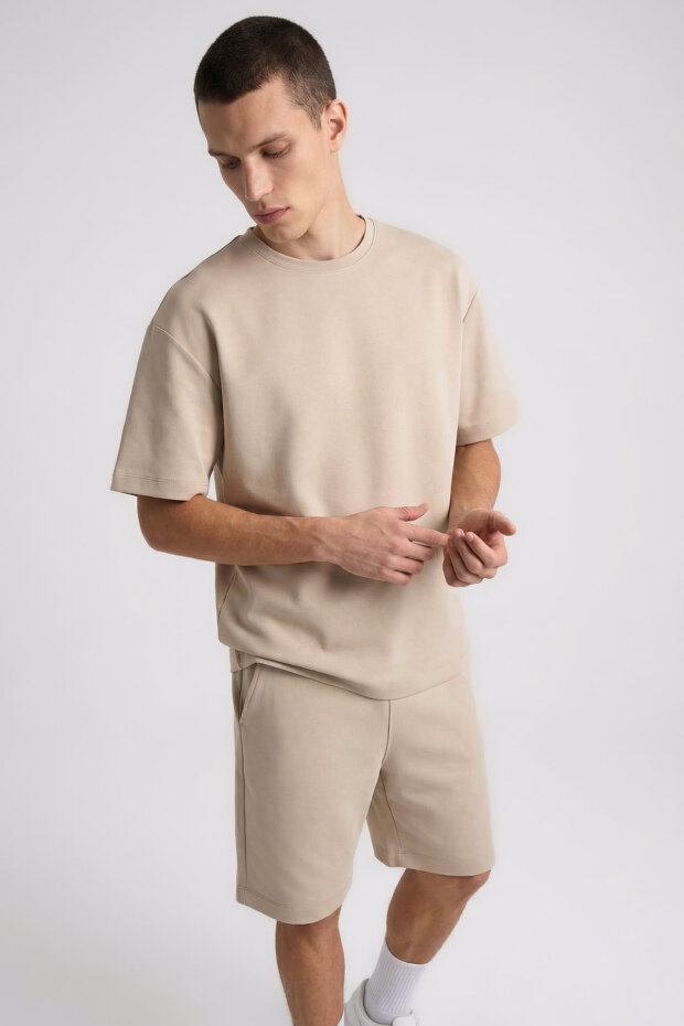 Bej Oversize Fit Basic Erkek Şort Takım - 85292 - 3