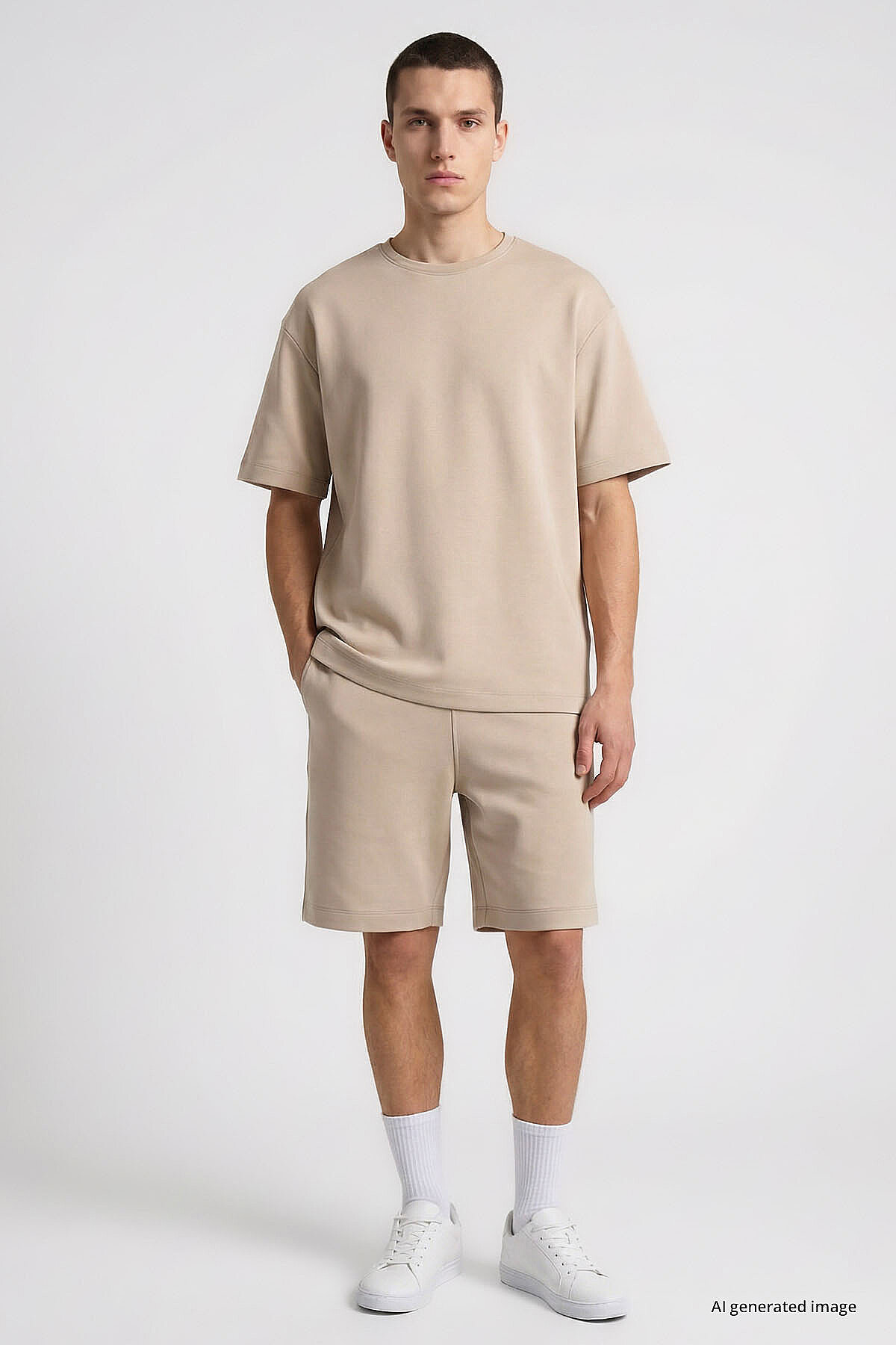 Bej Oversize Fit Basic Erkek Şort Takım - 85292 - TOMMYLIFE