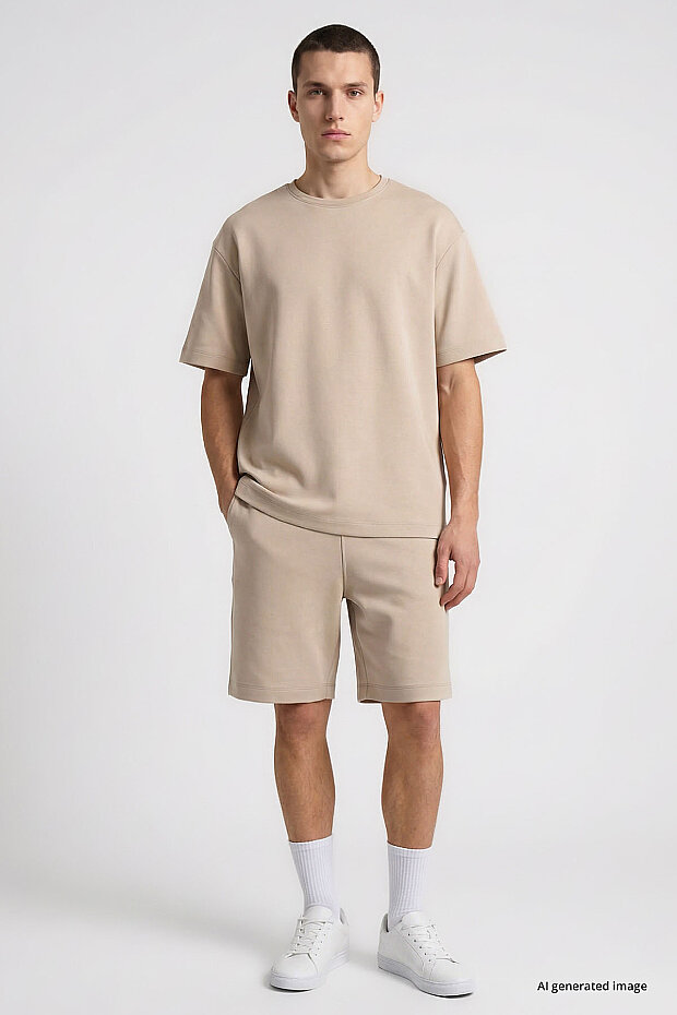 Bej Oversize Fit Basic Erkek Şort Takım - 85292 - 1
