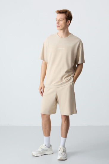 Bej Pamuklu Kalın Yumuşak Dokulu Comfort Fit Basic Erkek Şort Takım - 85257 