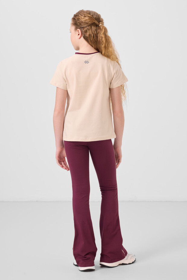 Bej-Bordo Pamuklu O Yaka Standart Fit Basic İspanyol Paça Kız Çocuk Tayt Takım - 75192