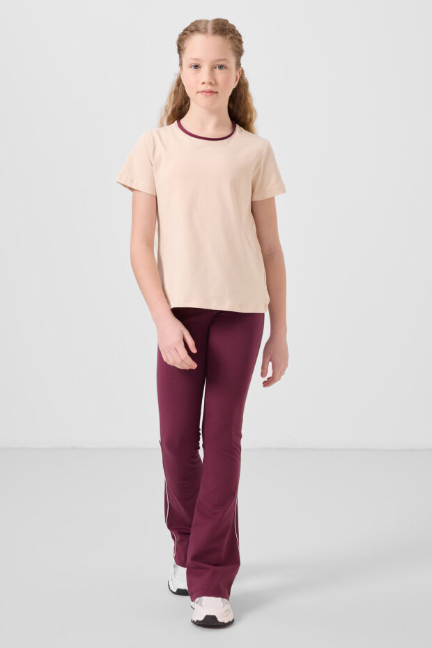 Bej-Bordo Pamuklu O Yaka Standart Fit Basic İspanyol Paça Kız Çocuk Tayt Takım - 75192 - 1