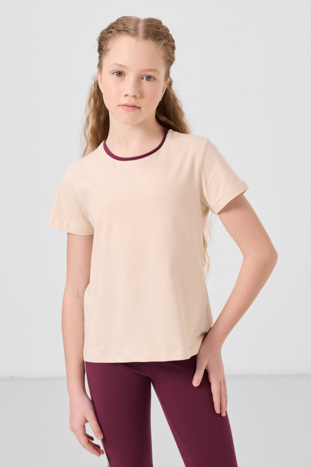 Bej-Bordo Pamuklu O Yaka Standart Fit Basic İspanyol Paça Kız Çocuk Tayt Takım - 75192 - 3