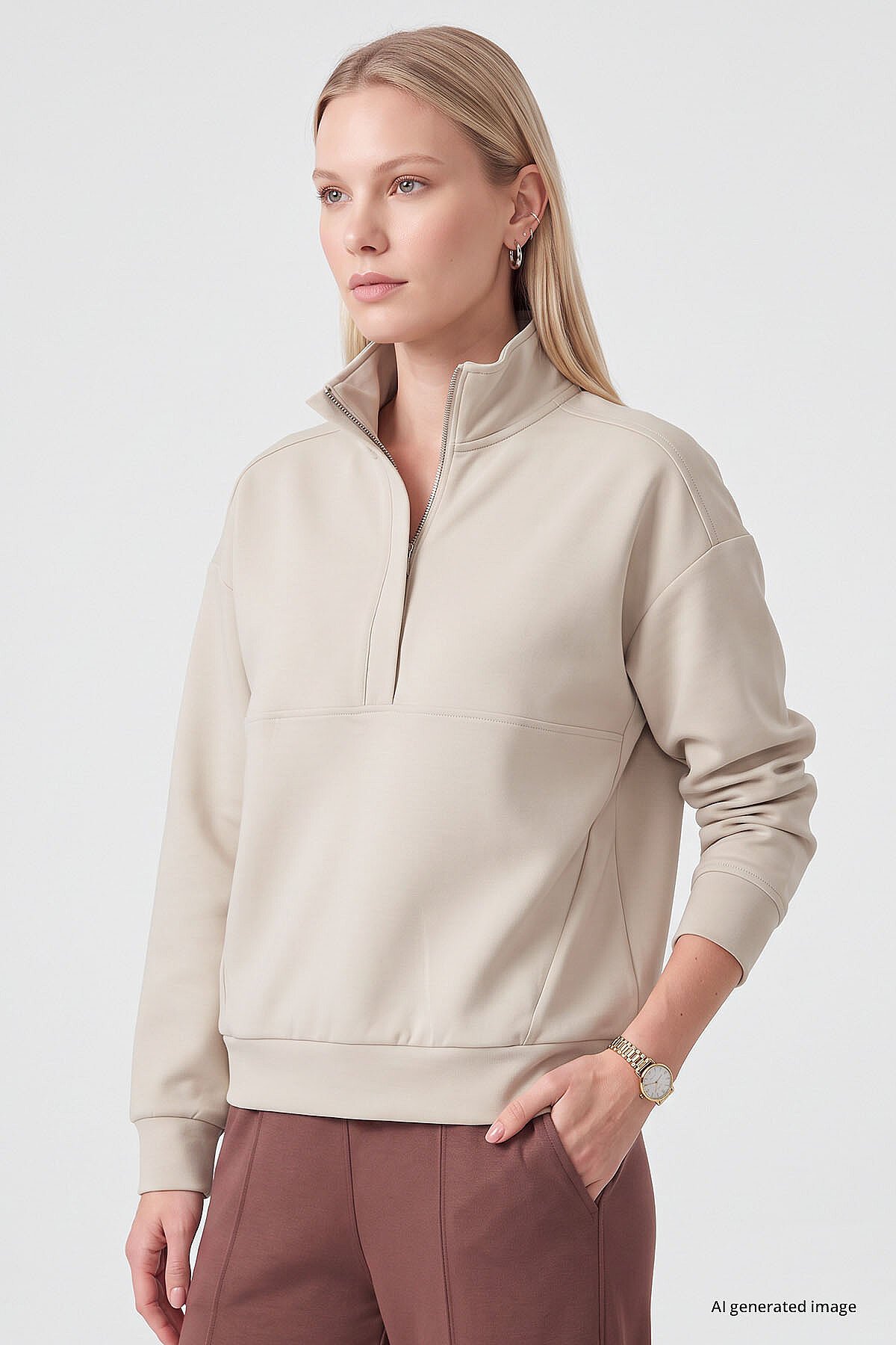 Bej Dik Yaka Fermuarlı Rahat Form Kadın Sweatshirt - 97314 - TOMMYLIFE (1)