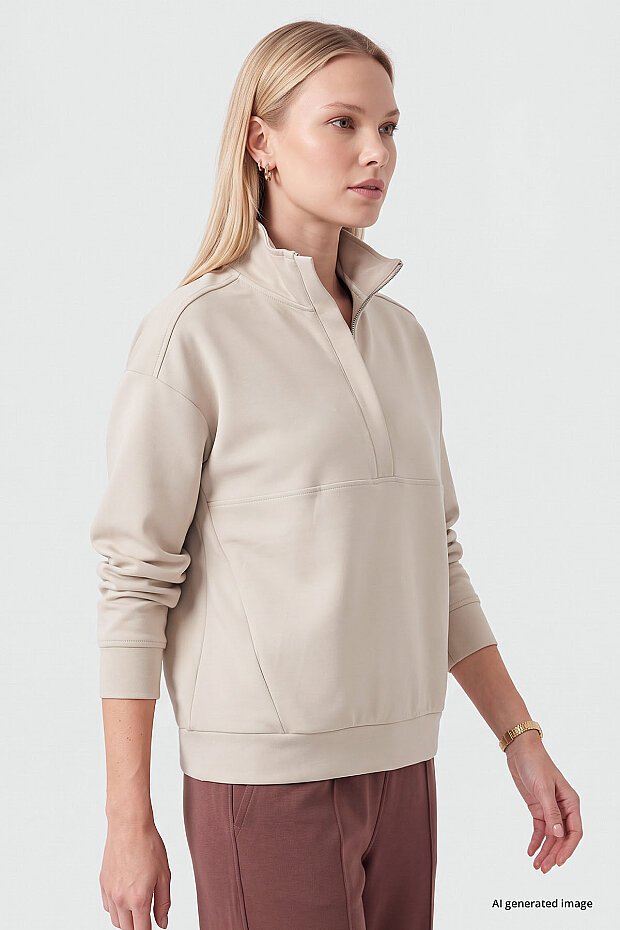 Bej Dik Yaka Fermuarlı Rahat Form Kadın Sweatshirt - 97314 - 3