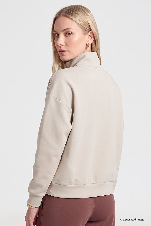 Bej Dik Yaka Fermuarlı Rahat Form Kadın Sweatshirt - 97314 - 5