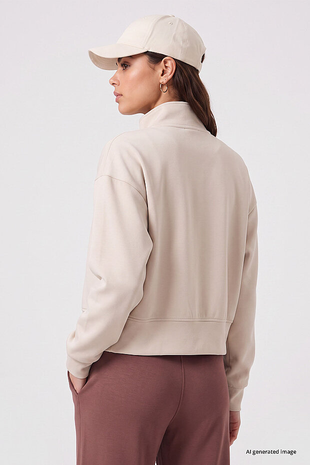 Bej Dik Yaka Standart Kalıp Crop Kadın Sweatshirt - 97317 - 5