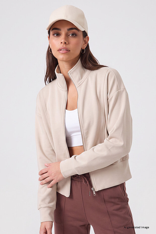 Bej Dik Yaka Standart Kalıp Crop Kadın Sweatshirt - 97317 - 3