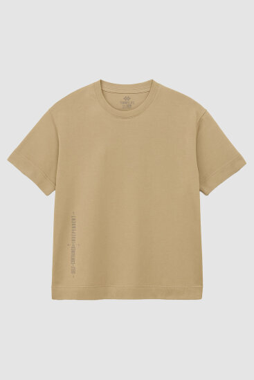 Bej Baskılı O Yaka Rahat Form Battal Büyük Beden T-Shirt - 88472 