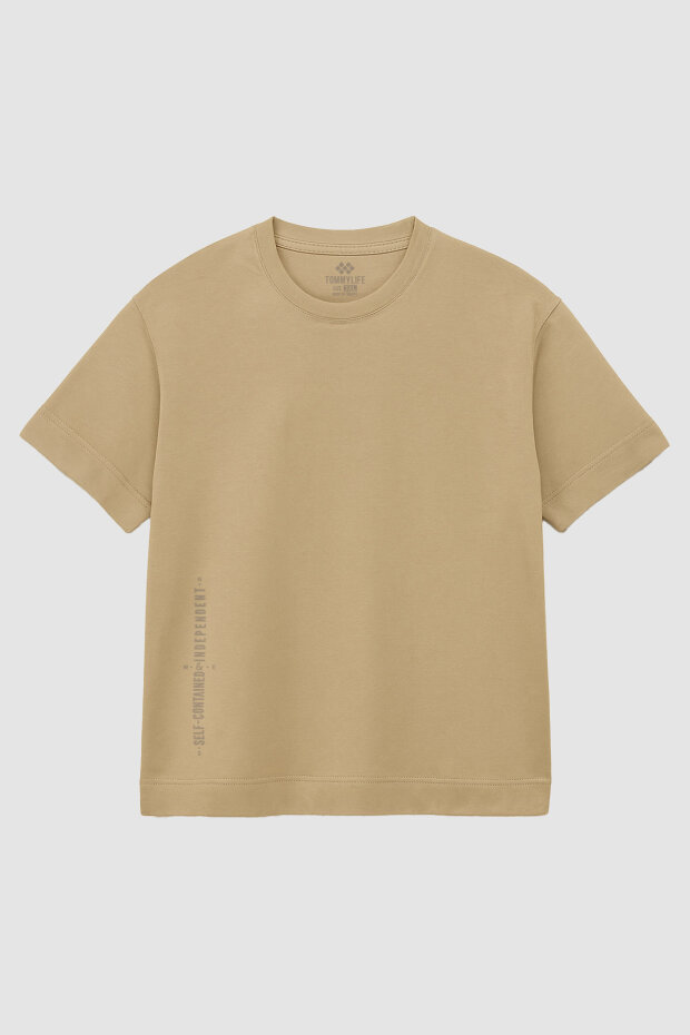 Bej Baskılı O Yaka Rahat Form Battal Büyük Beden T-Shirt - 88472 - 1