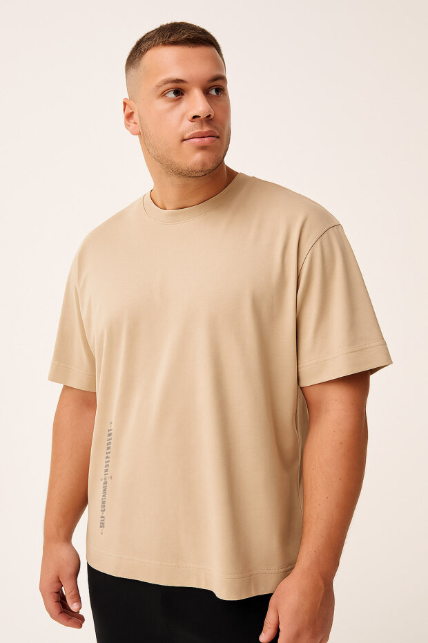Bej Baskılı O Yaka Rahat Form Battal Büyük Beden Erkek T-Shirt - 88472 - 1