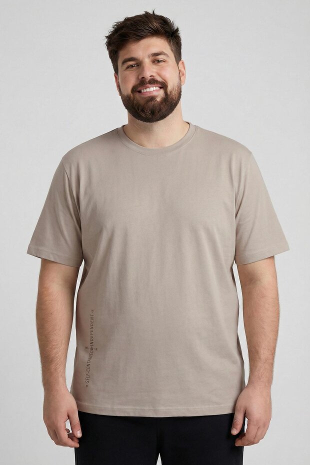 Bej Baskılı O Yaka Rahat Form Battal Büyük Beden Erkek T-Shirt - 88472 - 2