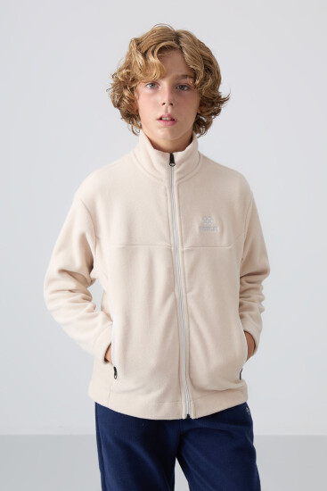 Bej Kalın Yumuşak Dokulu Standart Fit Nakışlı Polar Erkek Çocuk Sweatshirt - 11223 