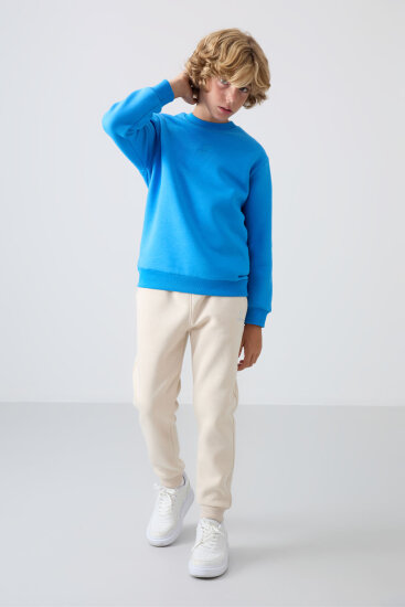 Bej Pamuklu Kalın İçi Tüylü Standart Fit Nakışlı Erkek Çocuk Eşofman Alt - 11224 