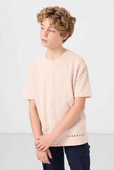 Bej Pamuklu Yumuşak Dokulu Oversize Basic Erkek Çocuk T-Shirt - 11297 - Thumbnail