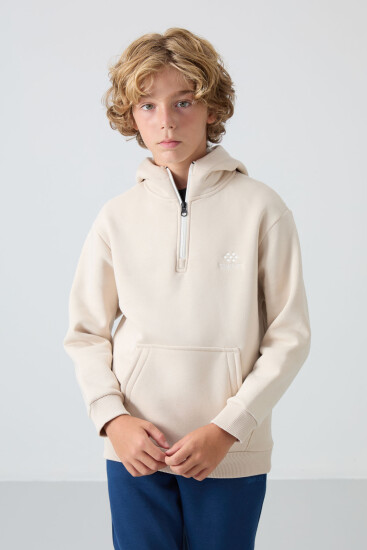 Bej Pamuklu Kalın İçi Tüylü Yumuşak Dokulu Standart Fit Nakışlı Erkek Çocuk Sweatshirt - 11244 