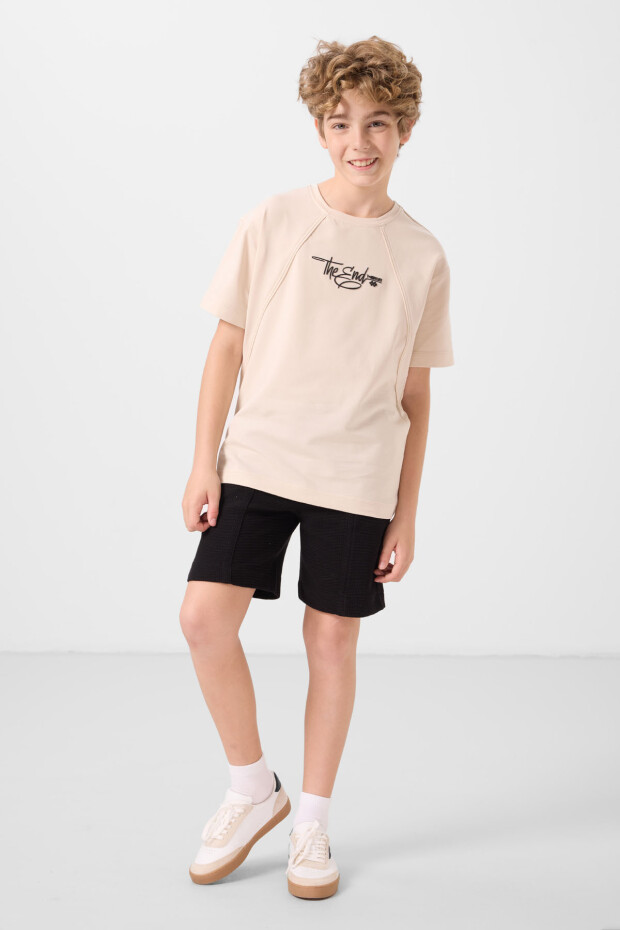 Bej Pamuklu Yumuşak Dokulu Oversize Baskılı Erkek Çocuk T-Shirt - 11285
