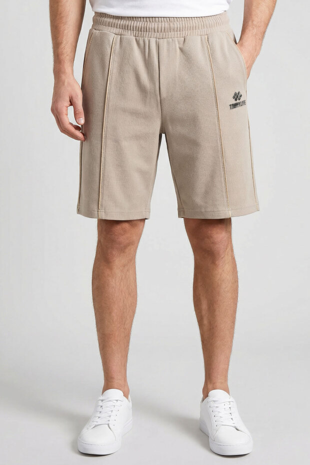 Bej Oversize Fit Basic Ön Dikiş Detaylı Erkek Şort - 81283 - 3