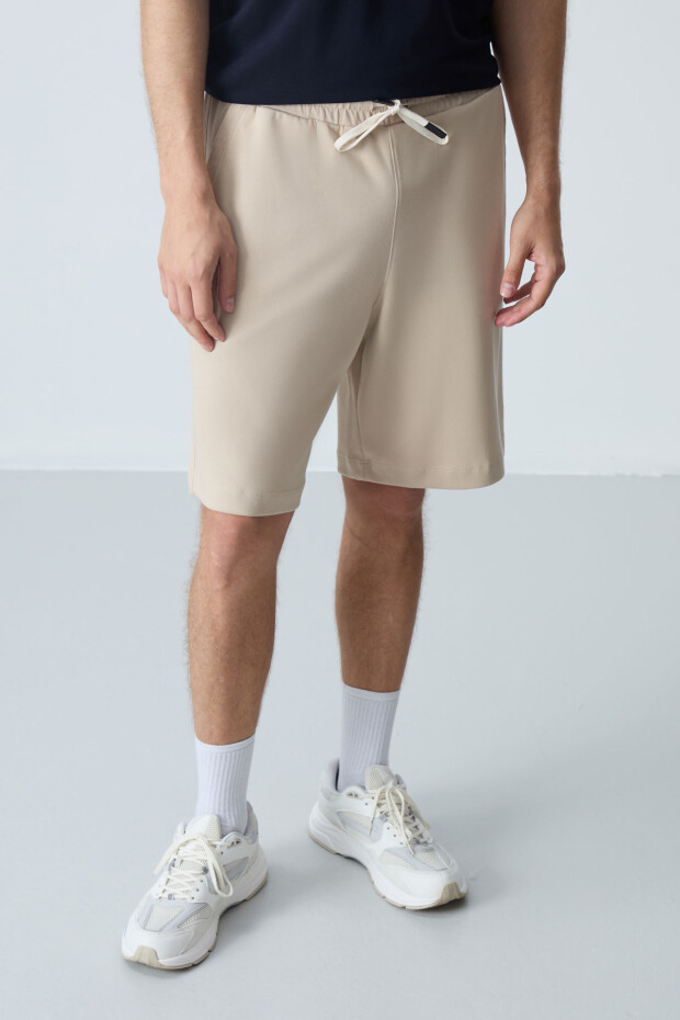 Bej Pamuklu Kalın Yumuşak Dokulu Standart Fit Basic Erkek Şort - 81275 - 5
