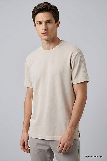Bej Rahat Form Esnek Nefes Alabilir Erkek T-Shirt - 88495 