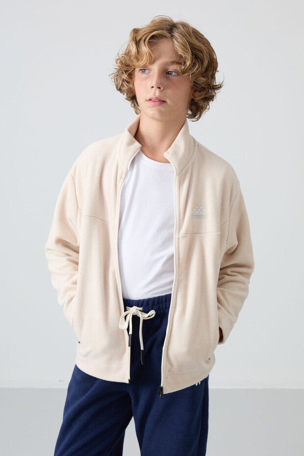 Bej Kalın Yumuşak Dokulu Standart Fit Nakışlı Polar Erkek Çocuk Sweatshirt - 11223 - 4