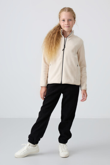 Bej Kalın Yumuşak Dokulu Standart Fit Nakışlı Polar Kız Çocuk Sweatshirt - 75154 