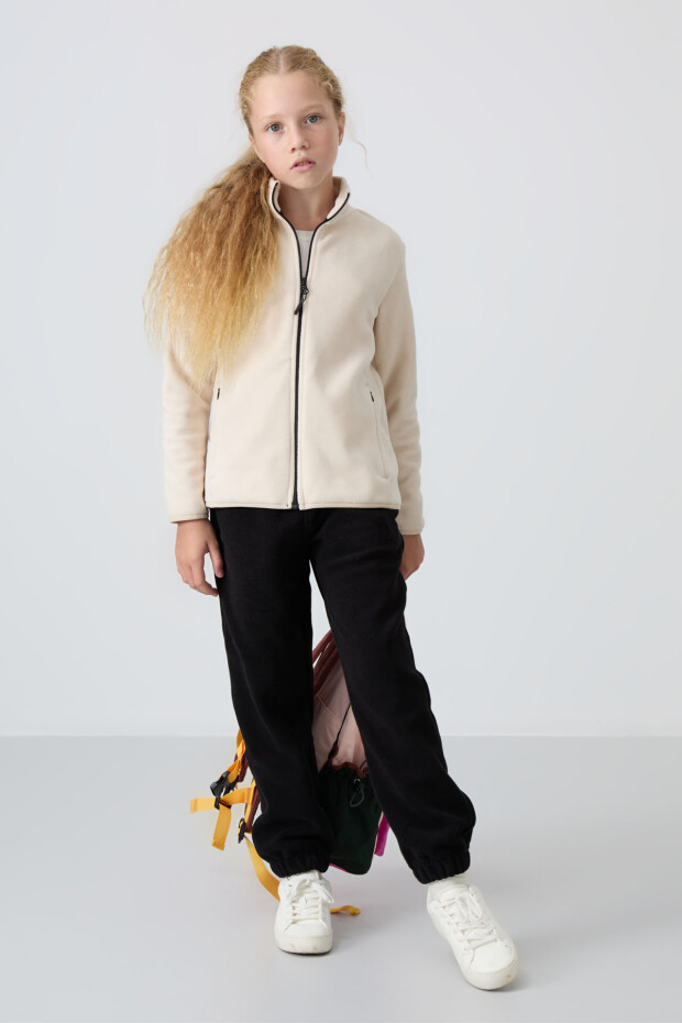 Bej Kalın Yumuşak Dokulu Standart Fit Nakışlı Polar Kız Çocuk Sweatshirt - 75154 - 4