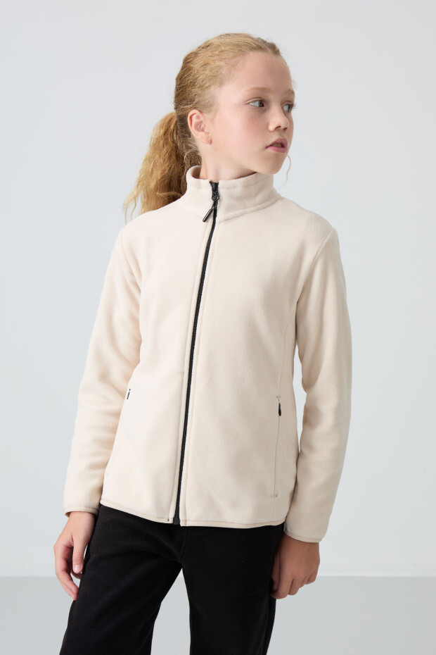 Bej Kalın Yumuşak Dokulu Standart Fit Nakışlı Polar Kız Çocuk Sweatshirt - 75154 - 5