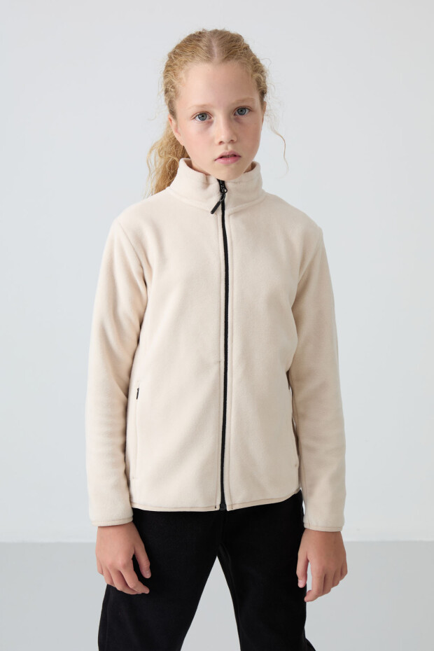 Bej Kalın Yumuşak Dokulu Standart Fit Nakışlı Polar Kız Çocuk Sweatshirt - 75154 - 2