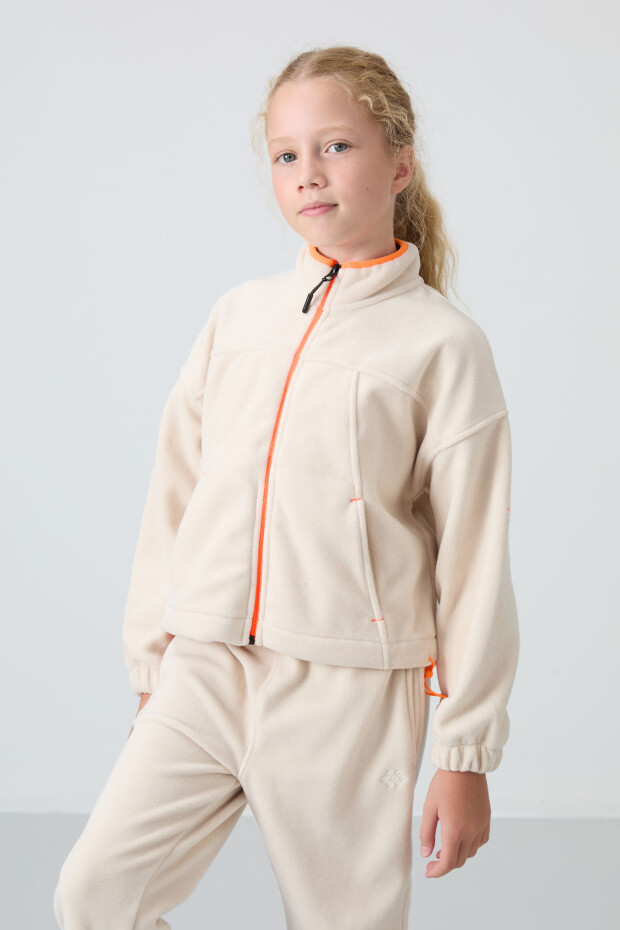 Bej Kalın Yumuşak Dokulu Standart Fit Nakışlı Polar Kız Çocuk Sweatshirt - 75157 - 2