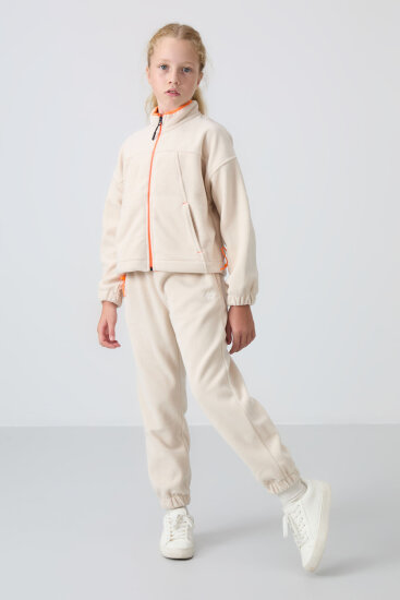 Bej Kalın Yumuşak Dokulu Standart Fit Nakışlı Polar Kız Çocuk Eşofman Alt - 75155 