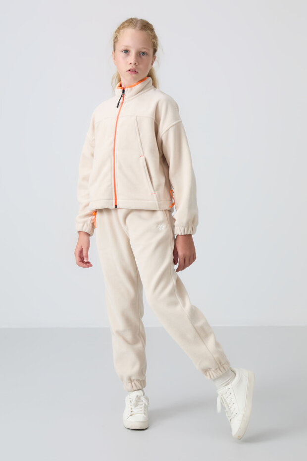 Bej Kalın Yumuşak Dokulu Standart Fit Nakışlı Polar Kız Çocuk Eşofman Alt - 75155 - 1