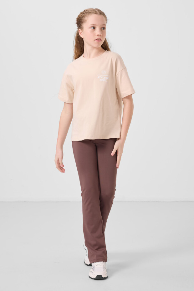 Bej Pamuklu O Yaka Oversize Fit Baskılı Kız Çocuk T-Shirt - 75178