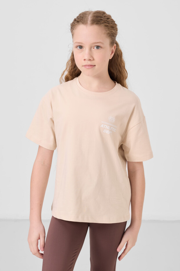 Bej Pamuklu O Yaka Oversize Fit Baskılı Kız Çocuk T-Shirt - 75178