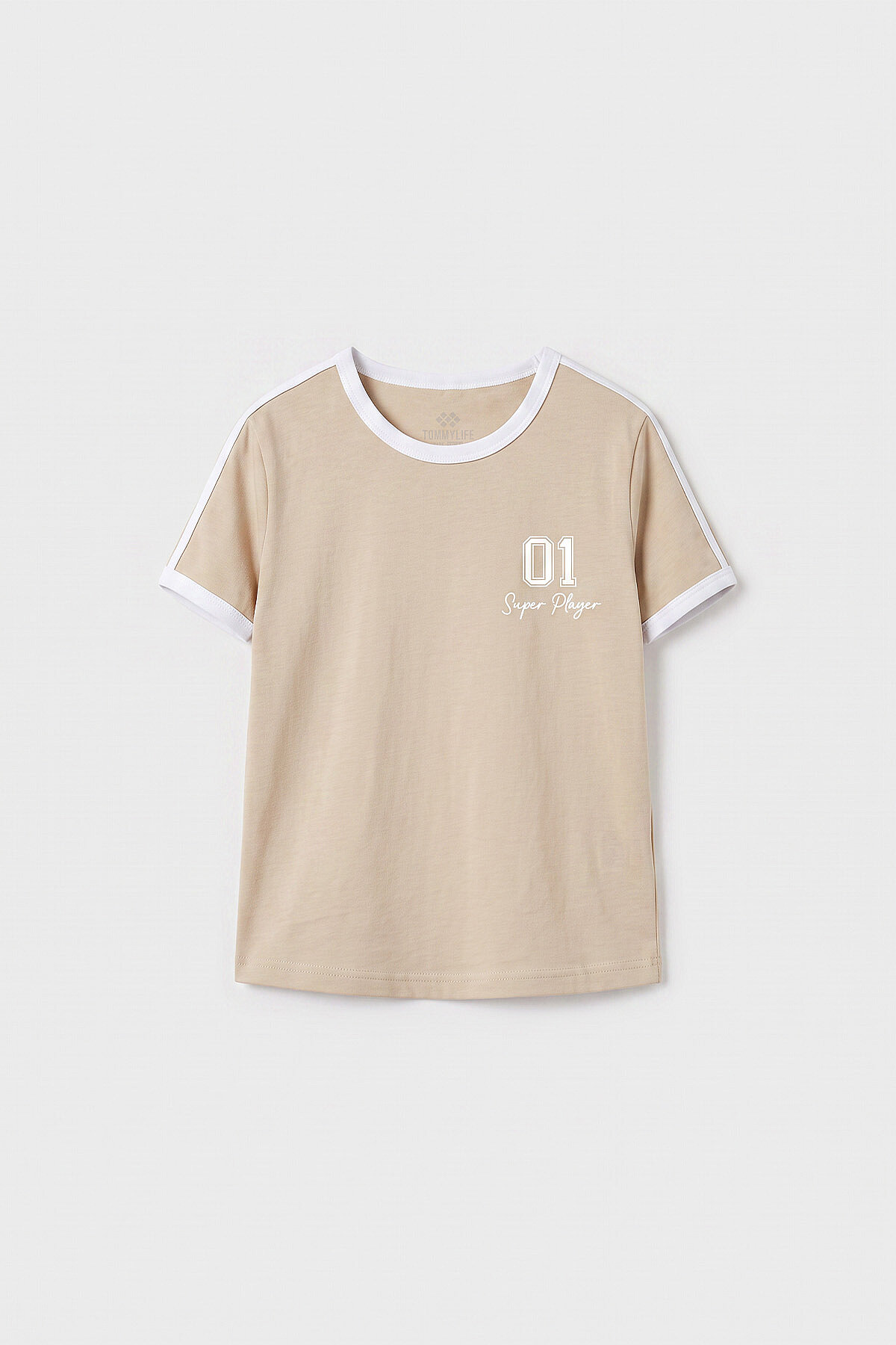 Bej Omuz Biye Detaylı Baskılı Kız Çocuk T-Shirt - 75181 - TOMMYLIFE