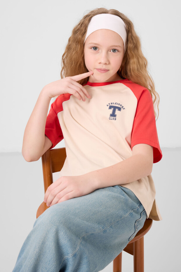 Bej O Yaka Pamuklu Baskılı Oversize Fit Kız Çocuk T-Shirt - 75179 - 2