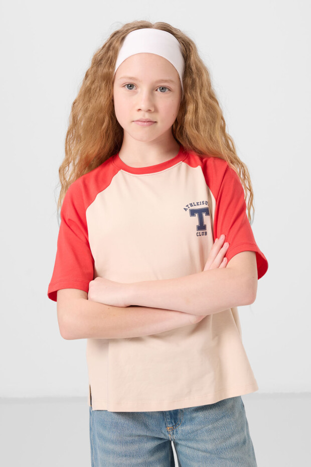 Bej O Yaka Pamuklu Baskılı Oversize Fit Kız Çocuk T-Shirt - 75179 - 3