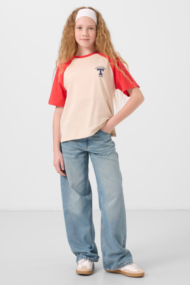 Bej O Yaka Pamuklu Baskılı Oversize Fit Kız Çocuk T-Shirt - 75179 - 4
