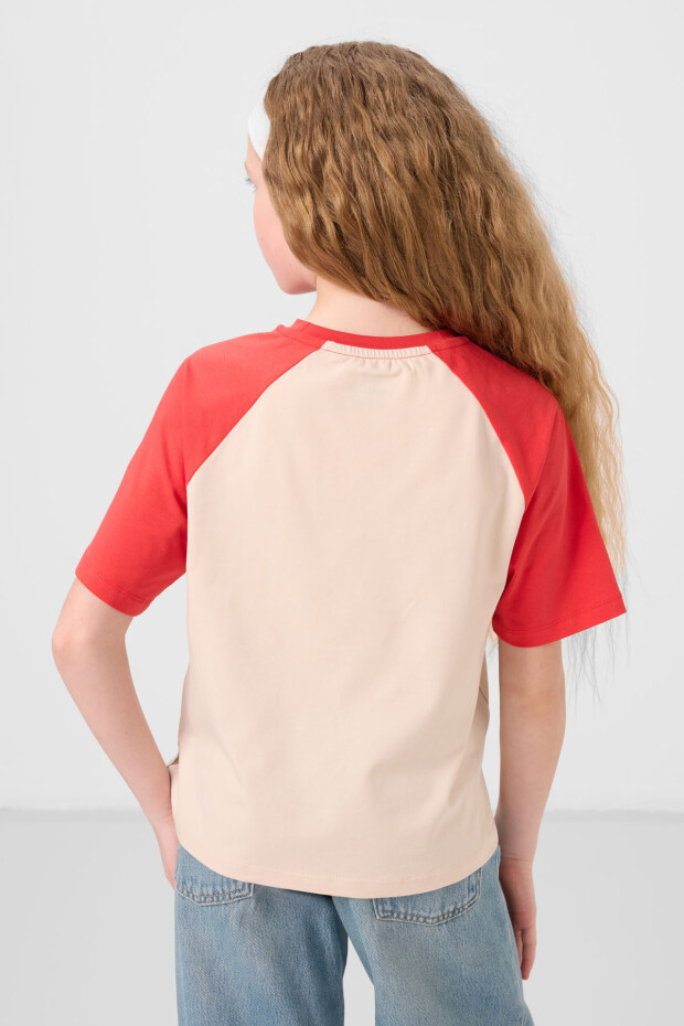 Bej O Yaka Pamuklu Baskılı Oversize Fit Kız Çocuk T-Shirt - 75179 - 6