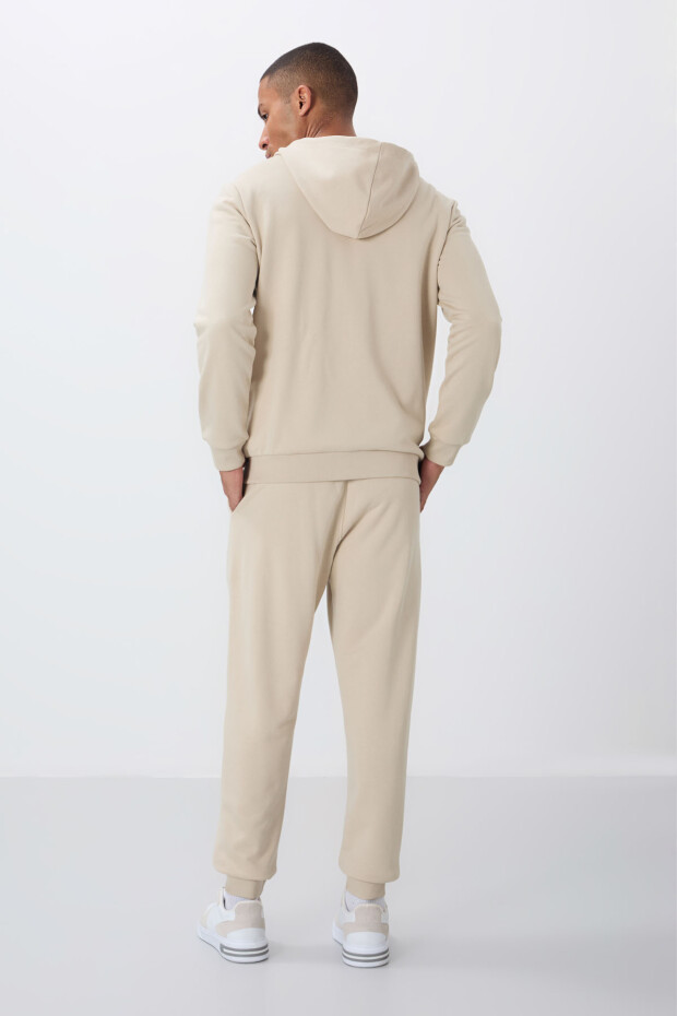 Bej Kompakt Pamuklu Kalın Pürüzsüz Dokulu Kapüşonlu Comfort Fit Erkek Eşofman Takım - 85262 - 7