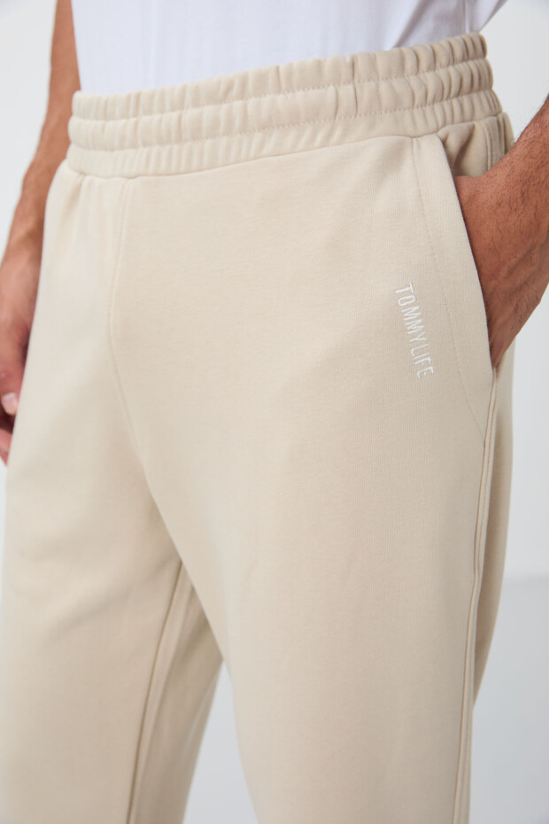 Bej Kompakt Pamuklu Kalın Pürüzsüz Dokulu Kapüşonlu Comfort Fit Erkek Eşofman Takım - 85262 - 6