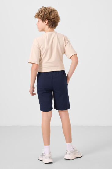 Bej-Lacivert Pamuklu Oversize Fit Dokuma Hafif Esnek Chino Erkek Çocuk Şort Takım - 11277 - Thumbnail