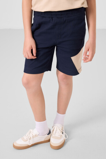 Bej-Lacivert Pamuklu Oversize Fit Dokuma Hafif Esnek Chino Erkek Çocuk Şort Takım - 11275 - Thumbnail