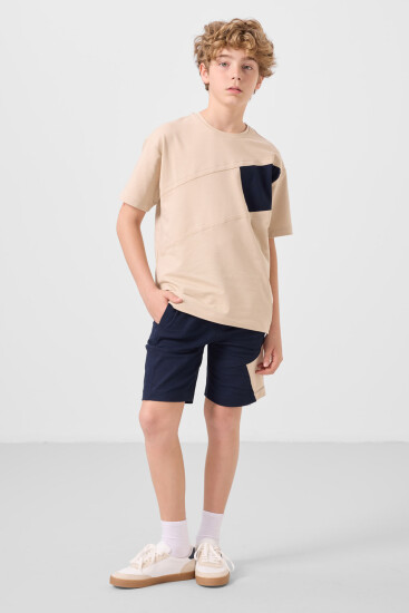 Bej-Lacivert Pamuklu Oversize Fit Dokuma Hafif Esnek Chino Erkek Çocuk Şort Takım - 11275 - Thumbnail