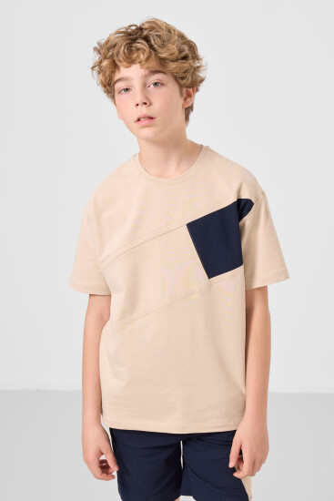 Bej-Lacivert Pamuklu Oversize Fit Dokuma Hafif Esnek Chino Erkek Çocuk Şort Takım - 11275 - Thumbnail