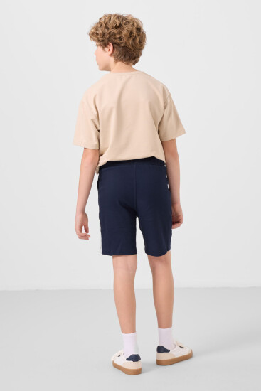 Bej-Lacivert Pamuklu Oversize Fit Dokuma Hafif Esnek Chino Erkek Çocuk Şort Takım - 11275 - Thumbnail